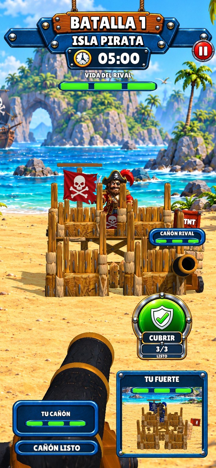 Captura de Batallas: capitán rival protegido por su fuerte y su cañón en Isla Pirata