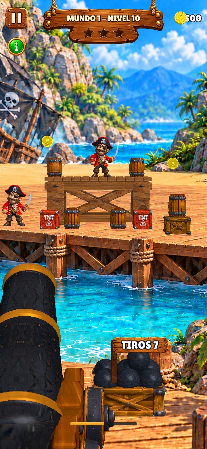Captura de Aventura: piratas, barriles y TNT sobre la estructura del nivel 10